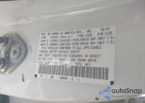 2007 Acura Rdx Technology from USA, damaged, VIN 5J8TB18507A019022